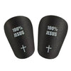 A pair of black lightweight soccer shin guards with 100% Jesus printed on them.