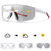 A pair of photochromic sports sunglasses shown in various states of light adaptation.