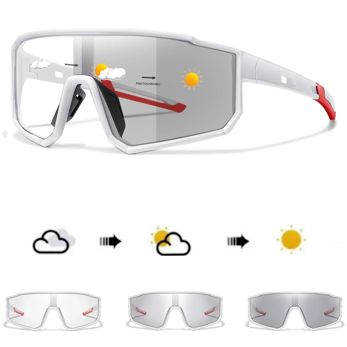 A pair of photochromic sports sunglasses shown in various states of light adaptation.