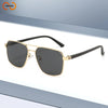 Classic square aviator sunglasses with gold accents and black frames shown against a light background.