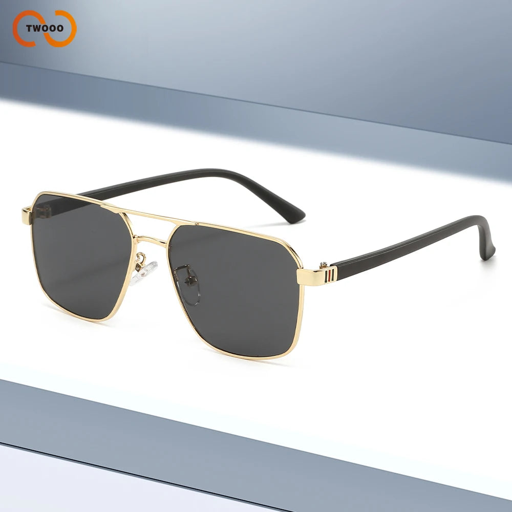 Classic square aviator sunglasses with gold accents and black frames shown against a light background.