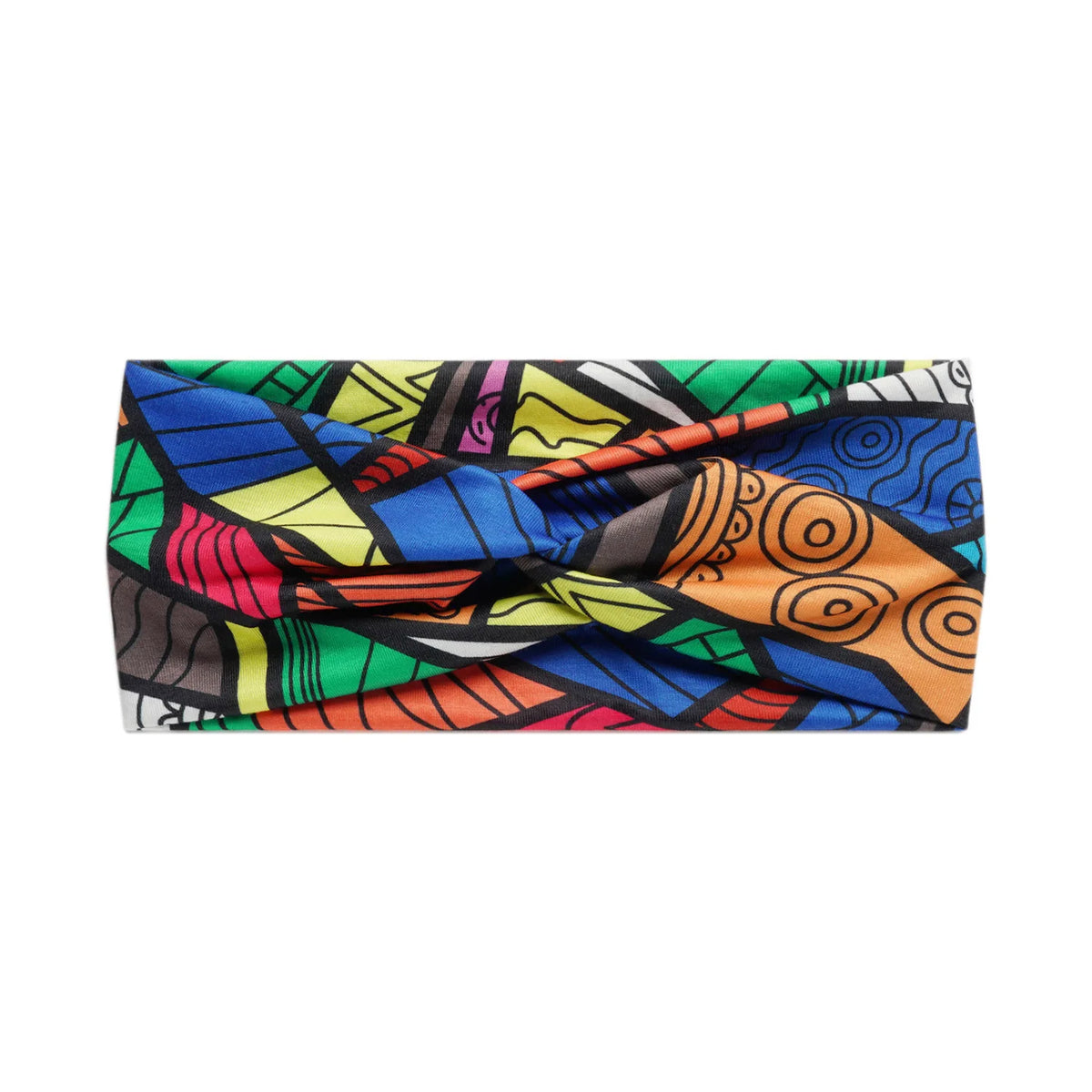 A close-up of a bohemian vintage print bandana or headband featuring colorful geometric and abstract patterns.