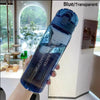 A hand holds a blue transparent sports water bottle with a silicone cap, displayed indoors.