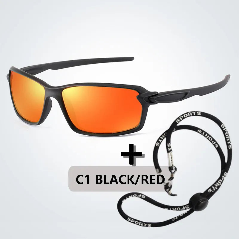 A pair of orange-tinted sports sunglasses with a black strap and case are shown.