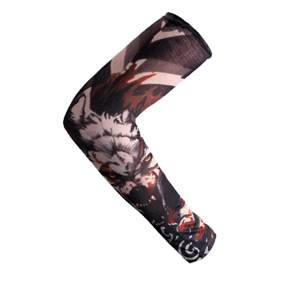 Black and white patterned breathable arm sleeve worn on an arm.
