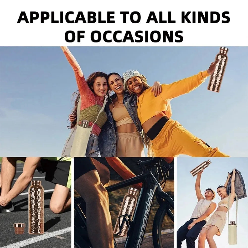 A group of women posing outdoors while using an insulated copper water bottle with anti-slip grip in various activities.