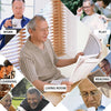 A collage showing various elderly people engaging in different activities like work, play, reading, leisure, and rest, with a