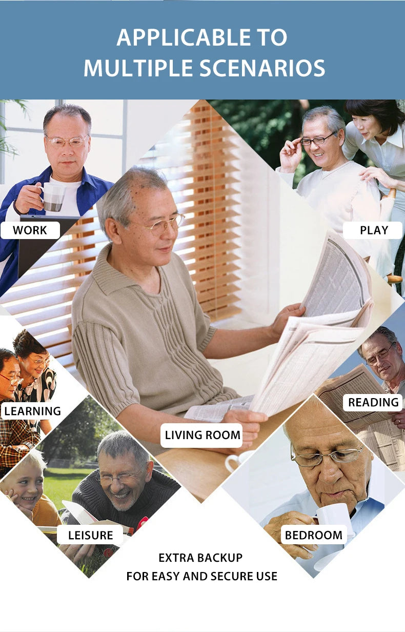A collage showing various elderly people engaging in different activities like work, play, reading, leisure, and rest, with a