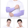 A male model wearing purple cooling arm sleeves on a white t-shirt.