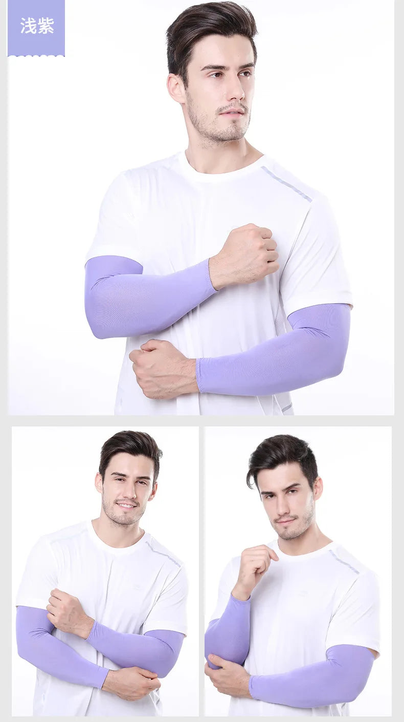A male model wearing purple cooling arm sleeves on a white t-shirt.