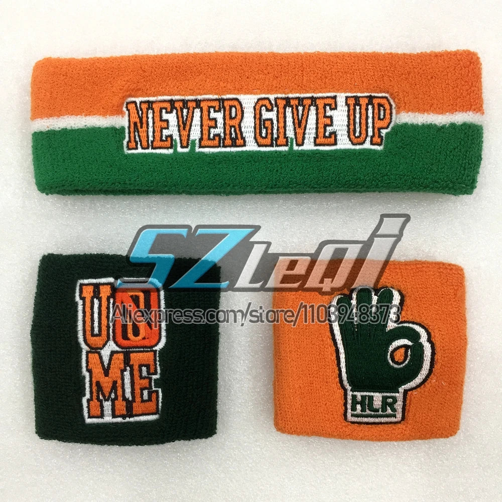 Un set de tres pulseras deportivas de algodón naranja y verde con texto y un puño.
