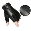 Black PU leather fingerless fitness gloves shown on a hand and a separate pad.