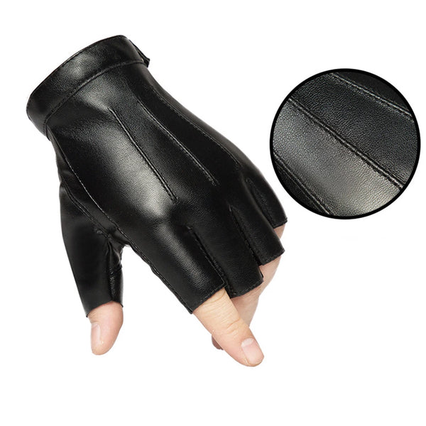 Black PU leather fingerless fitness gloves shown on a hand and a separate pad.