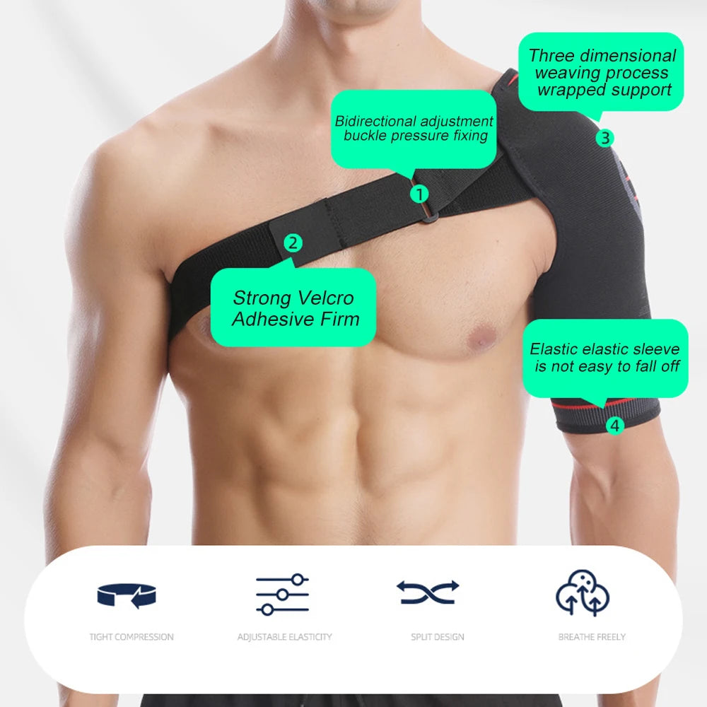 Black compression shoulder support brace with three-dimensional weaving and elastic sleeve for wrapped support