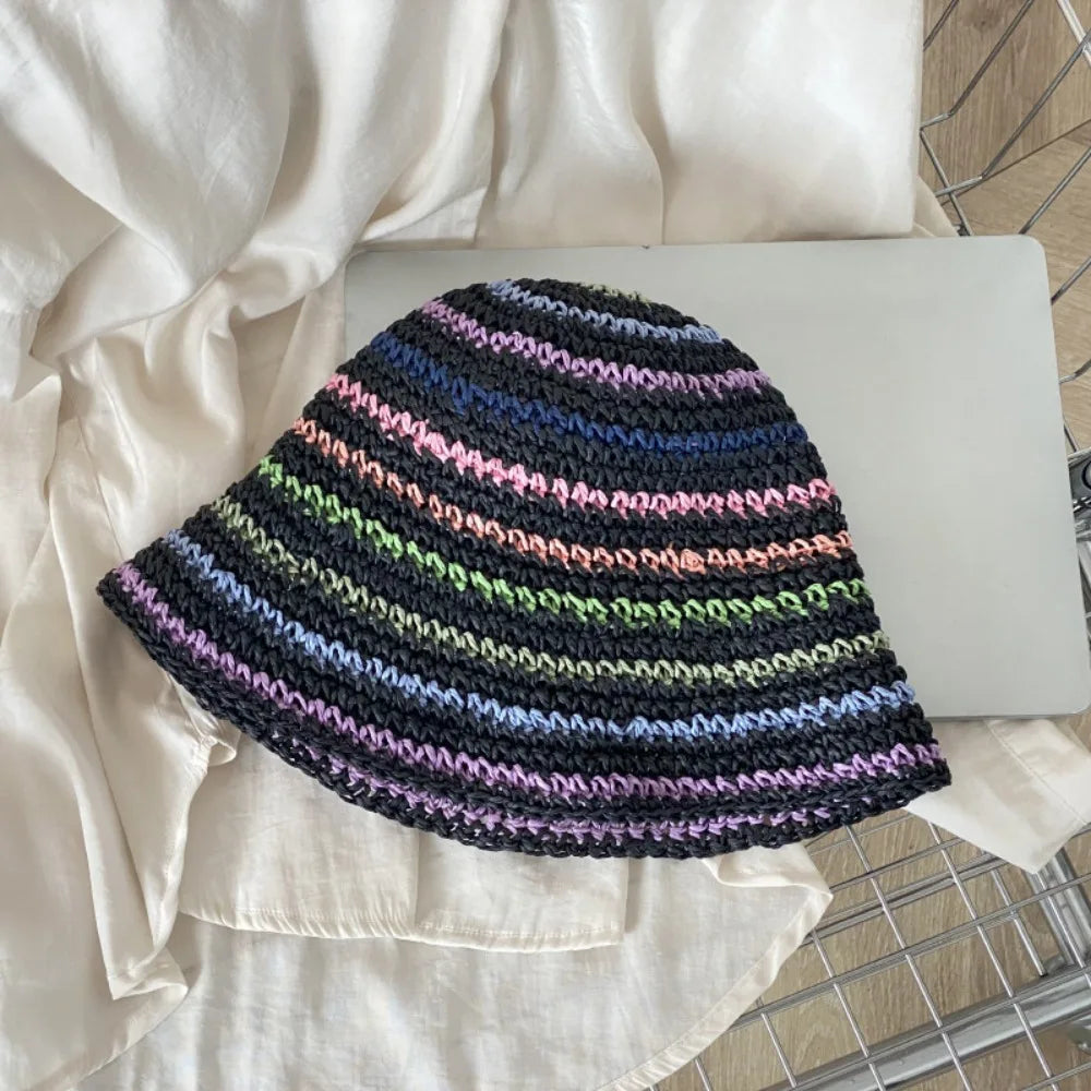 Handwoven Rainbow Stripe Straw Sun Hat with Wide Brim