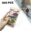 A hand holds a clear plastic container filled with 109 assorted fishing lures for freshwater and saltwater use.