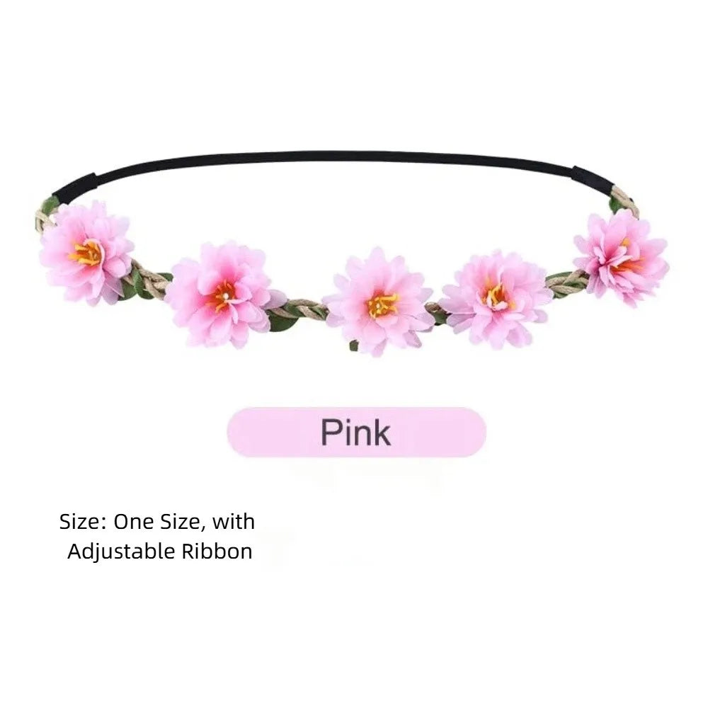 Pink floral rose wreath crown headpiece with an adjustable ribbon.