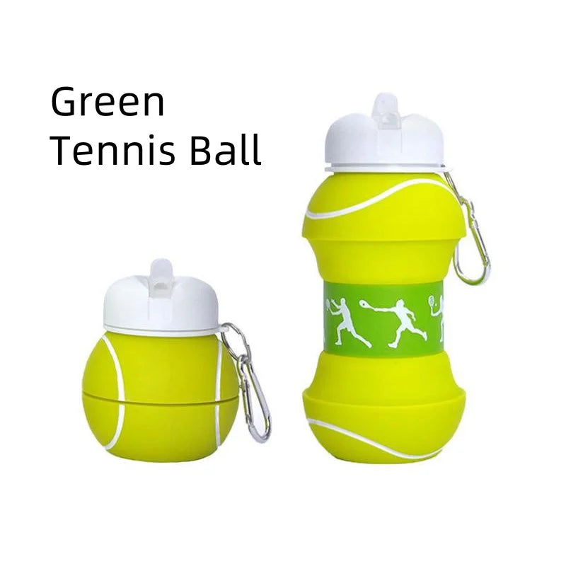 A bright green tennis ball sports water bottle with a white cap and silicone body.