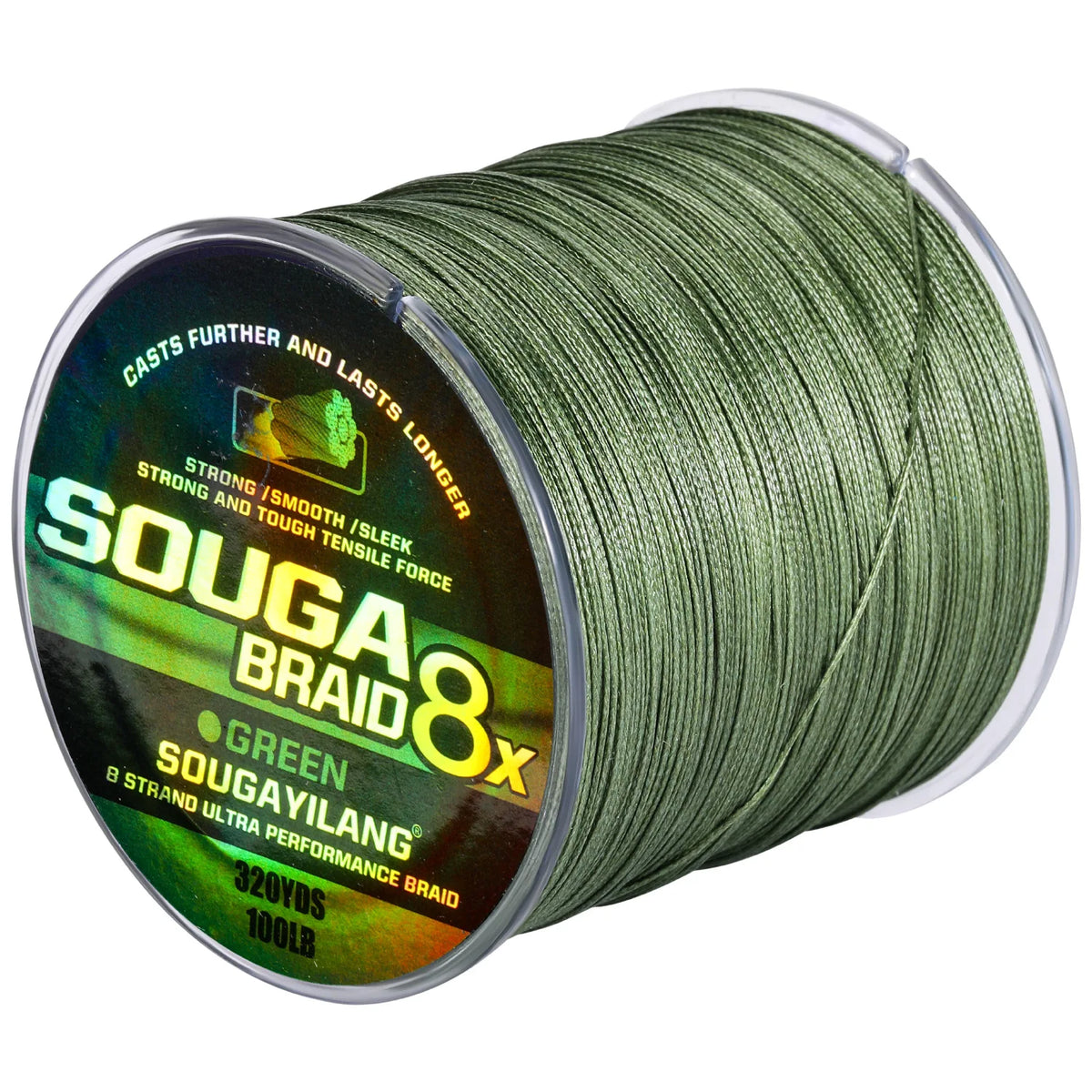 Spool of green SOUGA BRAID 8x fishing line with a silver cap and label