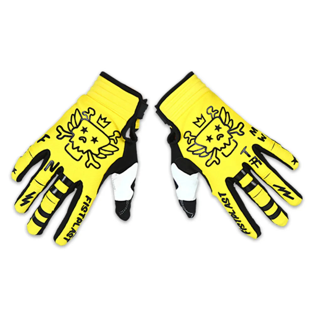 Pair of bright yellow full finger motocross motorcycle gloves with black accents