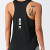 Black running and yoga vest with a stylized cat design on the shoulder
