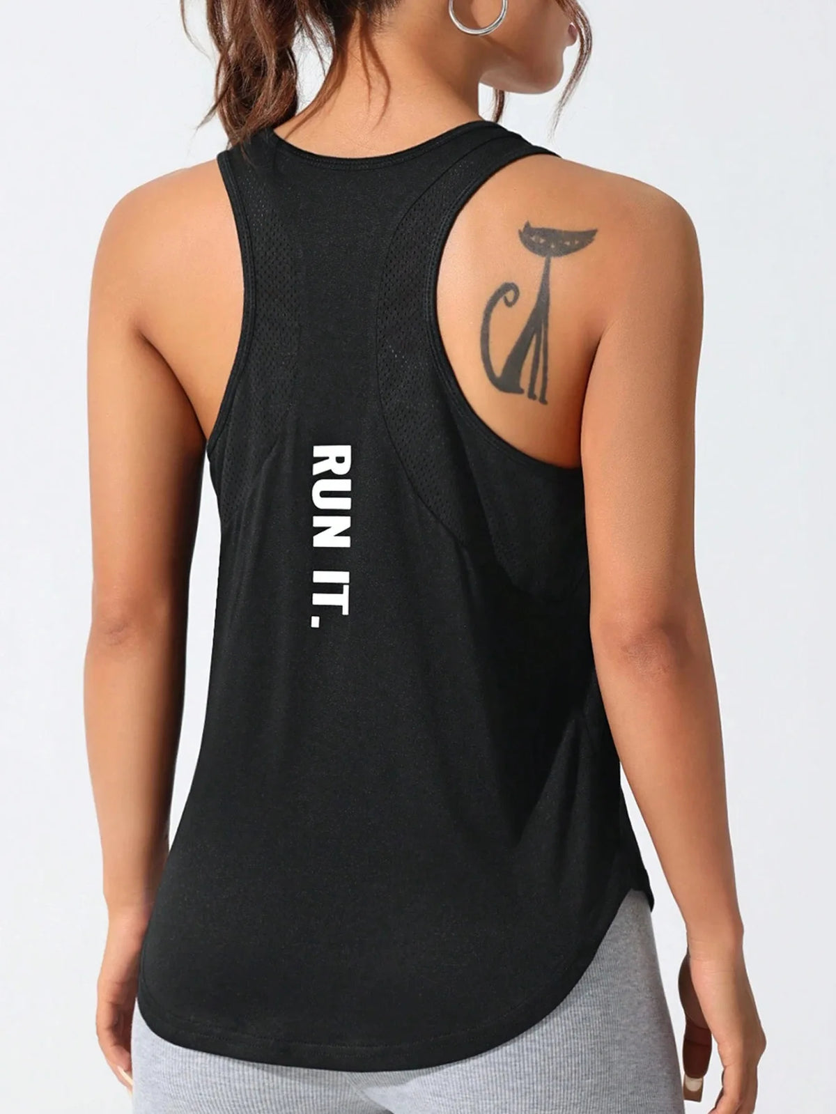 Black running and yoga vest with a stylized cat design on the shoulder