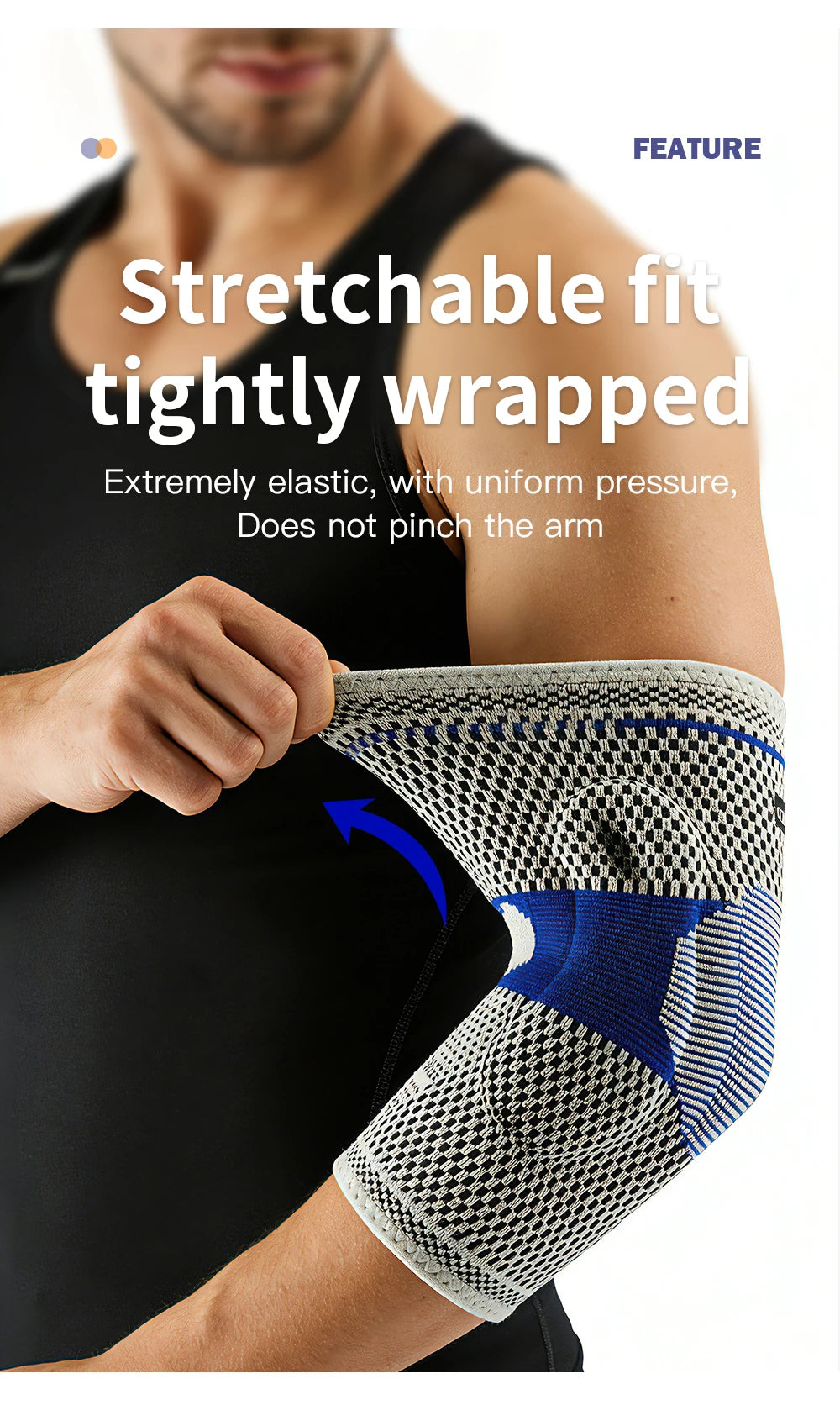 A person is demonstrating a stretchable fit tightly wrapped elbow guard sleeve on their arm.