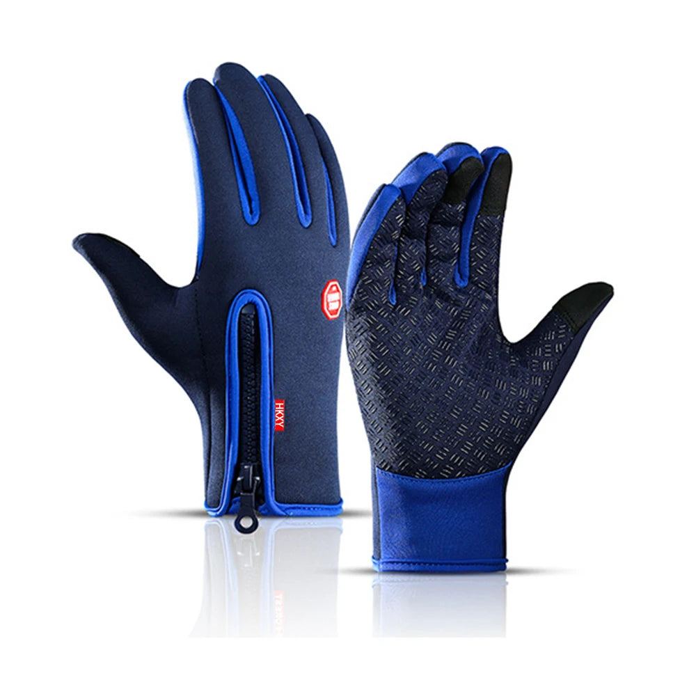Une paire de gants de vélo et de sport en polaire bleu marine et bleu royal, présentés sur fond blanc.