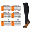 A variety of compression socks in black and tan colors with size charts for men's and women's feet.