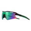 A pair of green-framed sports sunglasses with mirrored green and purple lenses.