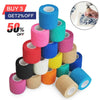A stack of colorful elastic tattoo grip tape rolls for finger and wrist protection, with a promotional offer sign.