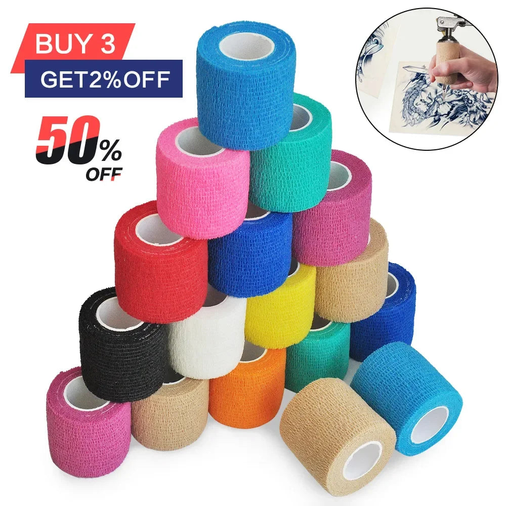 A stack of colorful elastic tattoo grip tape rolls for finger and wrist protection, with a promotional offer sign.