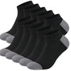A stack of ten black and gray ankle socks laid out for display.