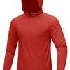 Rotes Langarmshirt mit Kapuze in Ganzkörperansicht.