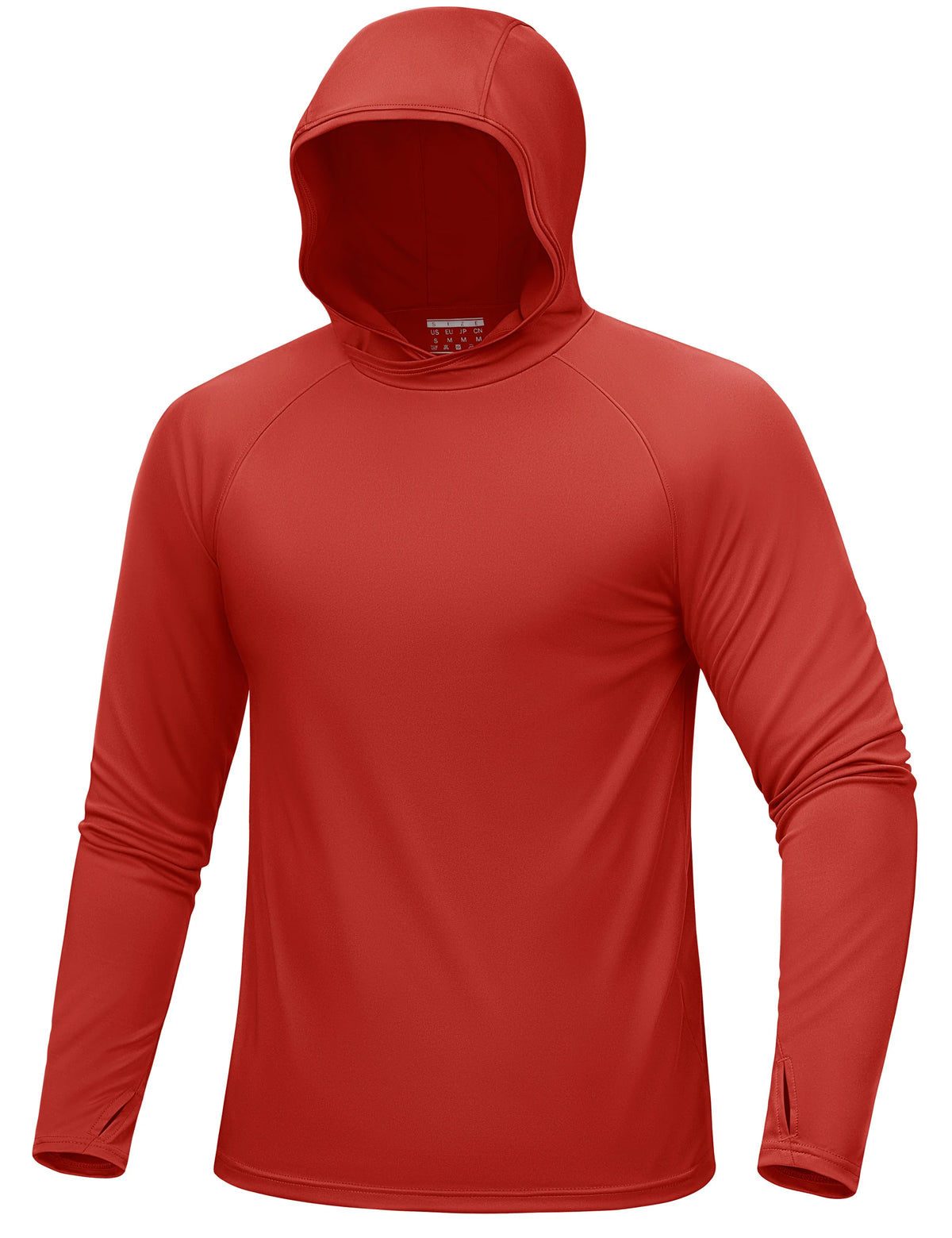 Rotes Langarmshirt mit Kapuze in Ganzkörperansicht.