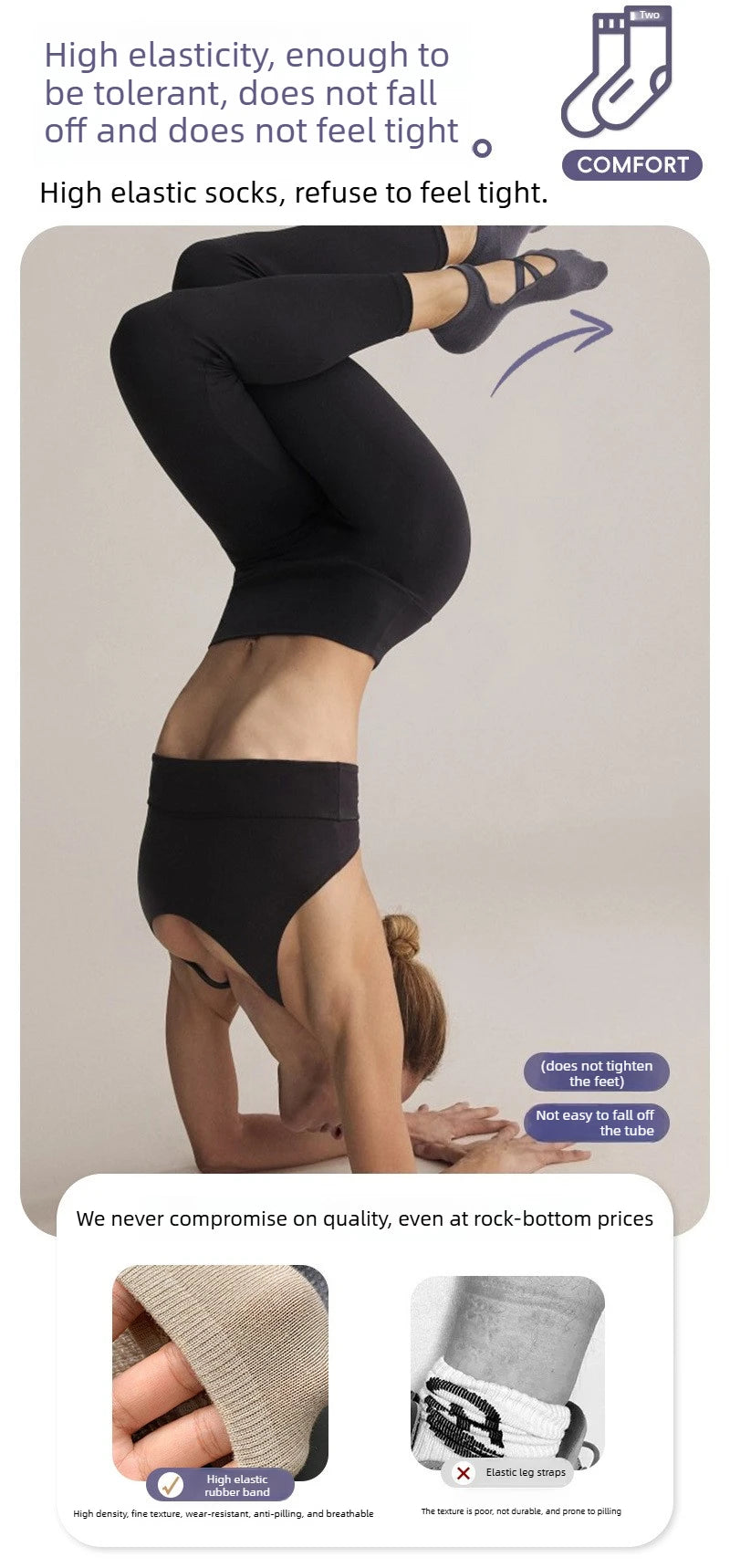 A model wearing black high elastic socks and leggings, demonstrating the fit and elasticity of the product.