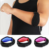 Black neoprene tennis elbow support brace shown on an arm and multiple views of the wrist brace.