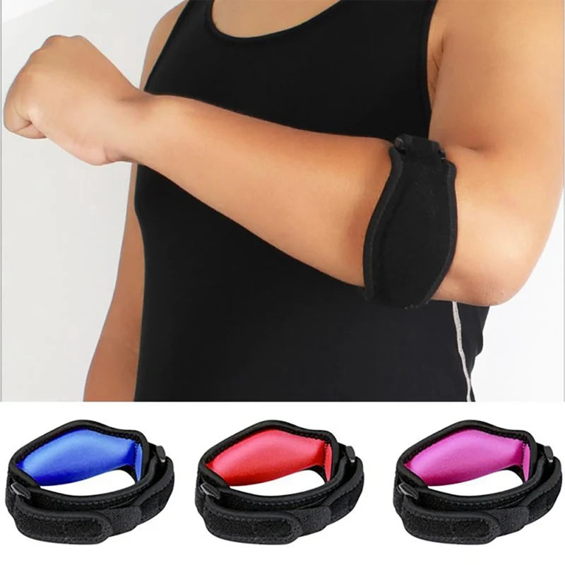 Black neoprene tennis elbow support brace shown on an arm and multiple views of the wrist brace.