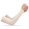 A person wearing light beige all-weather arm sleeves, showing the sleeve on an arm.
