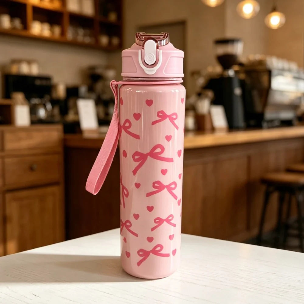 A pink reusable water bottle with a strawberry bow design sitting on a white surface.