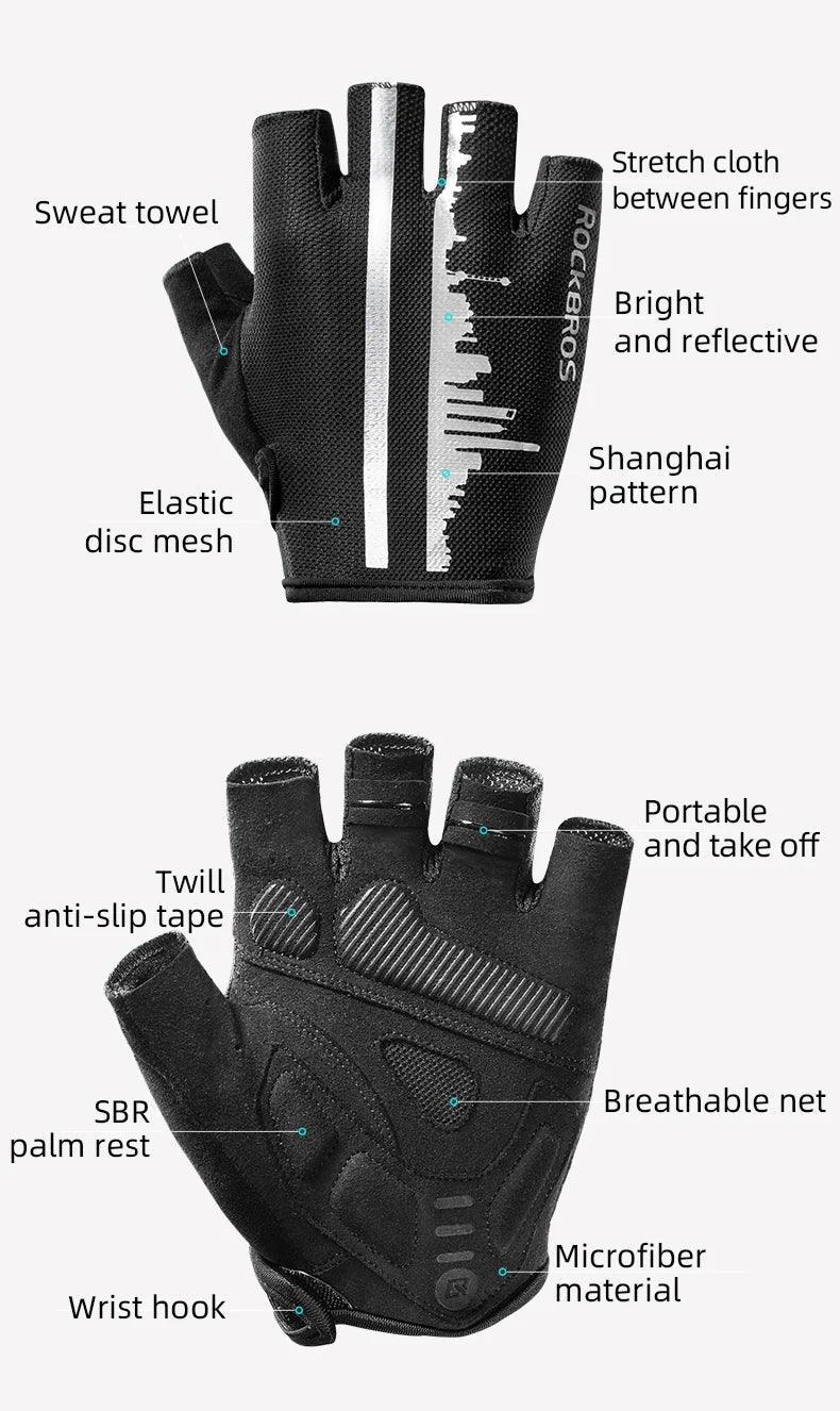 Black breathable cycling gloves with a Shanghai pattern and features like sweat towel and elastic mesh