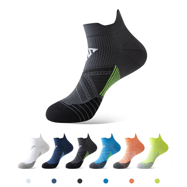A variety of breathable anti-blister running socks in different colors displayed on a white background.
