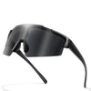 A pair of black cycling sunglasses with a flexible arm are shown against a white background.