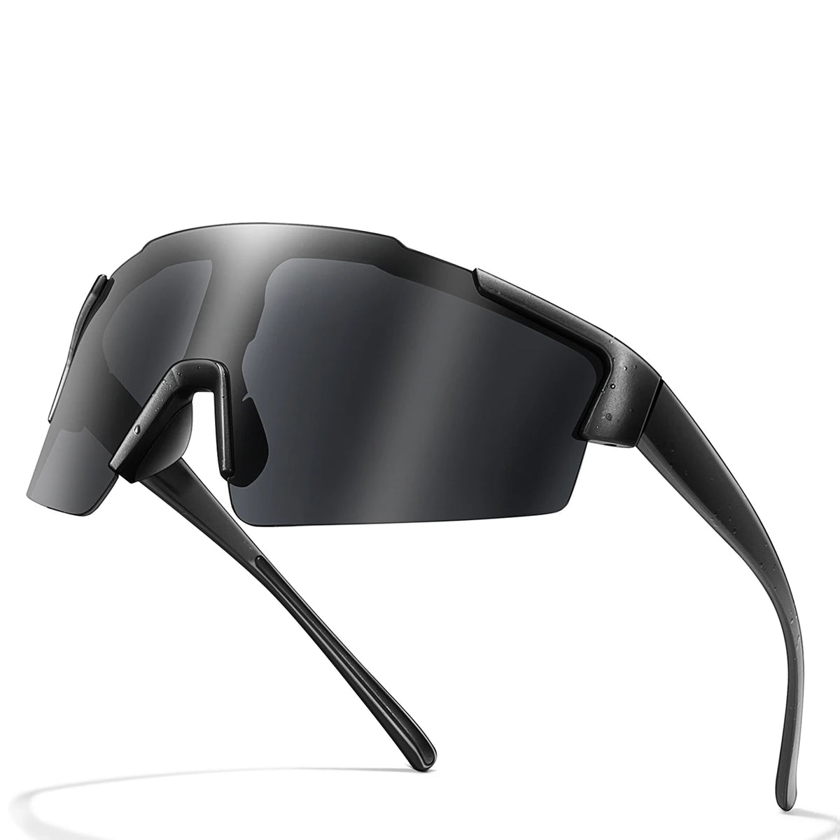 A pair of black cycling sunglasses with a flexible arm are shown against a white background.