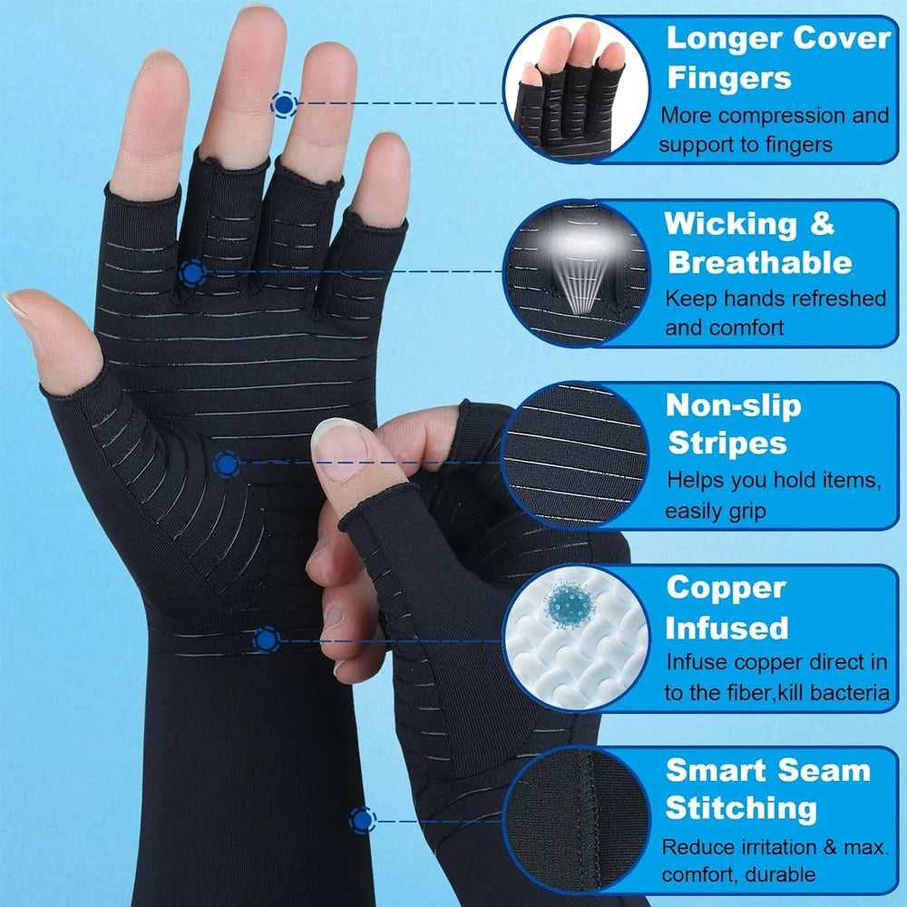 Black compression gloves for hands featuring longer fingers, wicking fabric, non-slip stripes, and smart seam stitching.