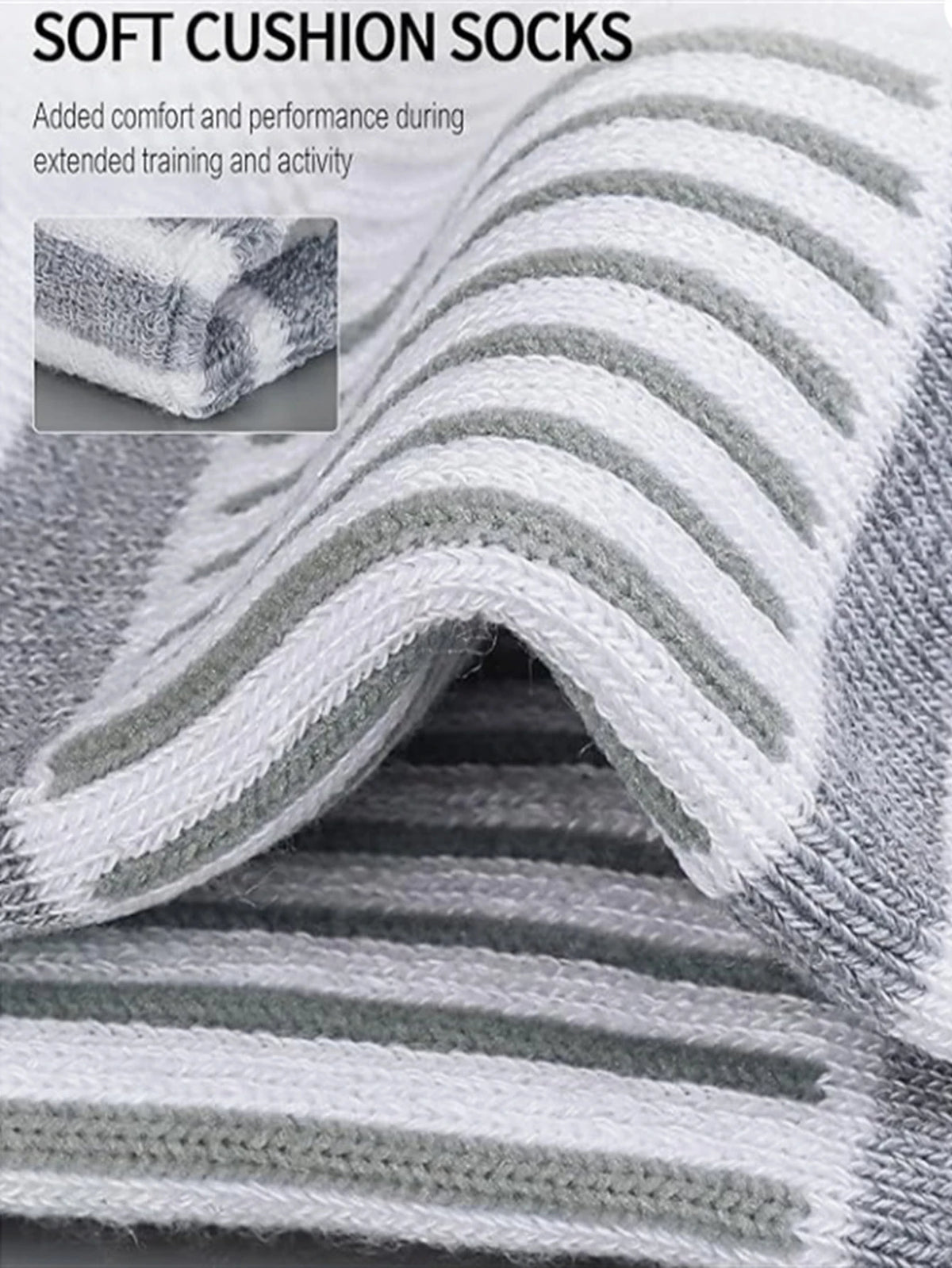 Close-up of soft cushion socks with gray and white stripes, showing the texture and knit pattern.