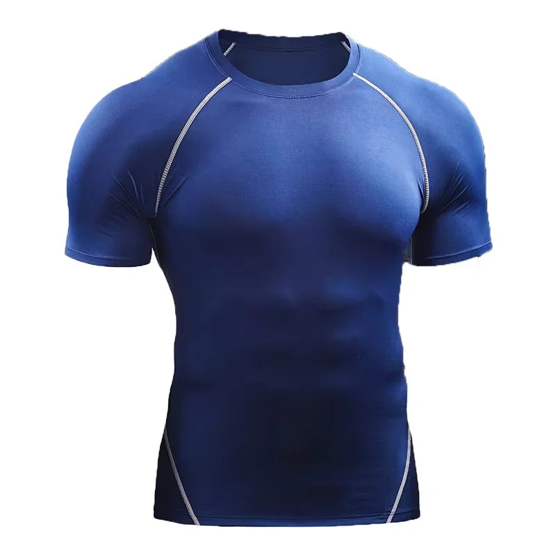 Navy blue men's quick-dry compression running t-shirt with silver piping