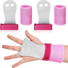 A hand is shown holding a pink gymnastics wristband grip with a gray protective cover.