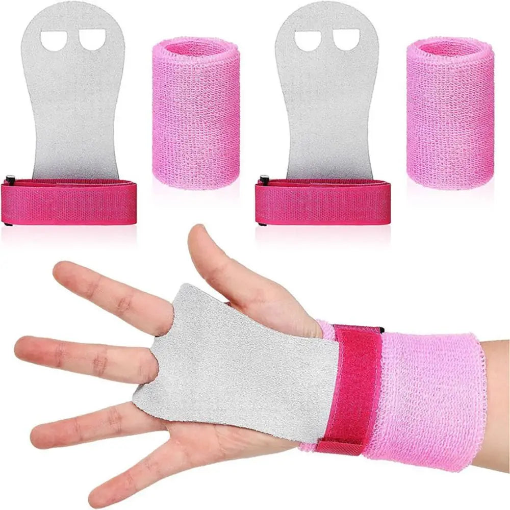 A hand is shown holding a pink gymnastics wristband grip with a gray protective cover.