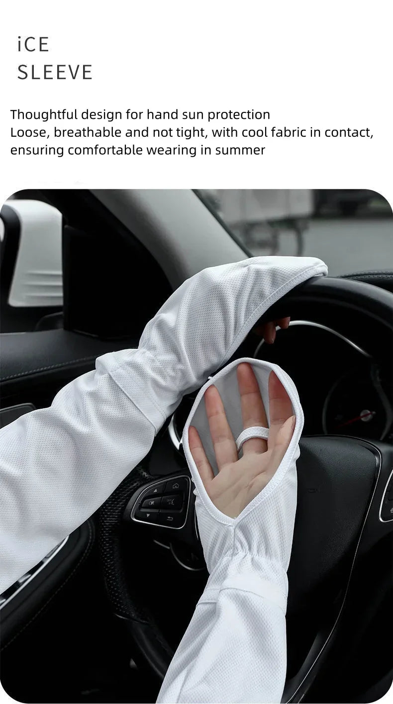A hand wearing a white ice sleeve is placed on the steering wheel of a car, demonstrating sun protection.